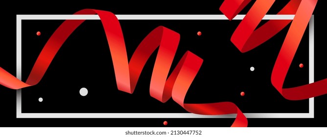 Vector holiday template with red ribbon in white frame on black color background. Creative realistic style design of red ribbon and confetti for greeting card, banner, poster