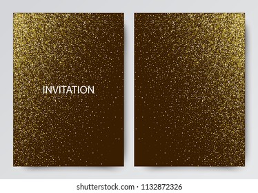 Vector holiday template with sparkles on brown background. Gold glitter frame for festive greeting card, vip, exclusive, gift, luxury, voucher, shopping.