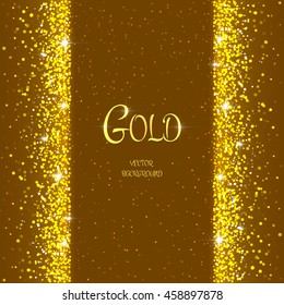 Vector holiday template with sparkles on brown background. Gold glitter frame for festive greeting card, vip, exclusive, gift, luxury, voucher, shopping.