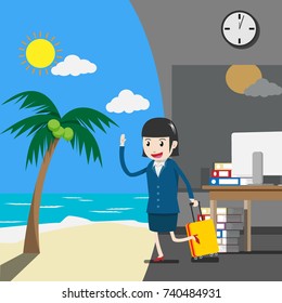 vector. holiday or vacation for business people concept. businesswoman or company employee in a suit is towing a luggage from an office to go on vacation at the beach during her holiday or vacation.