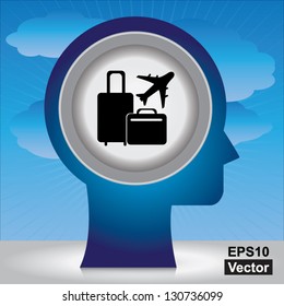 Vector : Holiday or Vacation Concept Present By Blue Head With Black Baggage and Airplane Sign Inside in Blue Sky Background