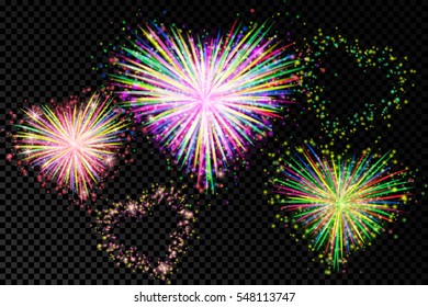 Vector holiday valentine firework. A set of isolated vector fireworks shape of harts on a transparent background.