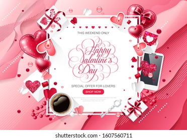 Vector holiday Valentine's day love realistic cup coffee heart lettering calligraphy handwriting penmanship inscription fluid shapes gradient geometric pattern design brochure flyer advertising sale