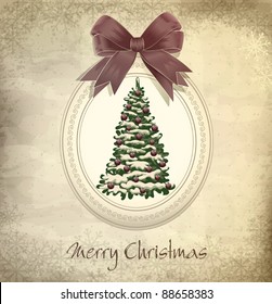 vector holiday, vintage, grungy Christmas background with Christmas tree and a bow