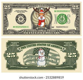 Vector holiday vintage USA 25 dollars banknote. Cartoon funny standing reindeer Rudolph and snowman in glasses with American flag. Merry Christmas and Happy New Year. Obverse and reverse. Money 2025.