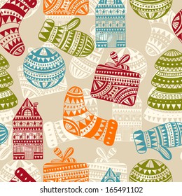 vector holiday  winter pattern with houses, socks, mittens,  and fir trees, seamless pattern in swatch menu