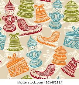 vector holiday  winter pattern with sledge, snowman, boxes,  and fir trees, seamless pattern in swatch menu