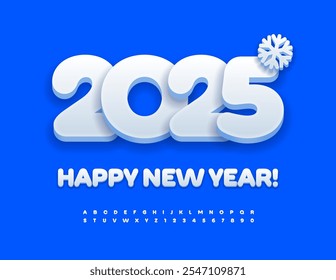 Vector holiday Wish Card Happy New Year 2025! Cute 3D Font. White Kids Alphabet Letters and Numbers set.