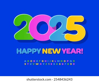 Vector holiday Wish Card Happy New Year 2023! Cute Kids Font. Colorful Sticker Alphabet Letters and Numbers set.