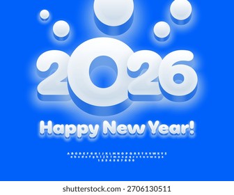 Vector Festiva Wish Card Feliz año Nuevo 2026! Fuente 3D blanca brillante. Conjunto de letras y números de alfabeto de estilo de nieve.