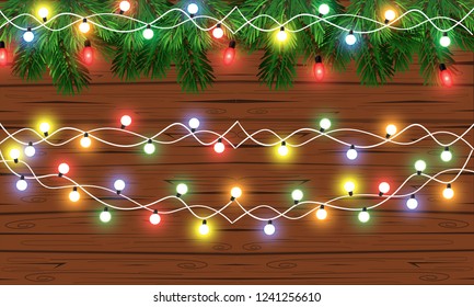 Vector holiday wood texture background with fir branches and Christmas lights Christmas & New Year design: wooden background with Christmas lights garland. Vector illustration