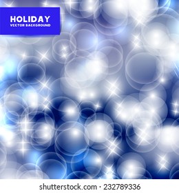 Vector Holidays card design. Abstract blue bokeh  background with lights. Designed background for your projects. Perfect as invitation or announcement, greeting card. Vector 10 EPS