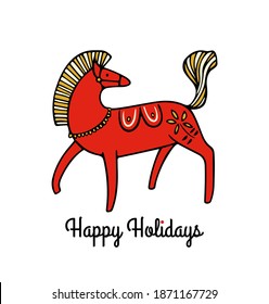 Tarjeta Vector Holidays con el dulce de mano dibujado dulce Dala Horse sueco. Bellos elementos de diseño, dibujo de tinta. Maravillosa tarjeta de Adelanto, Navidad o Año Nuevo.