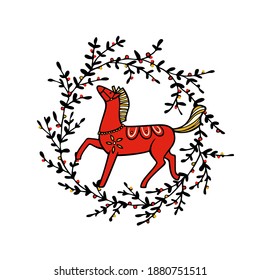 Vector Holidays Karte mit handgezeichnet süßem verspieltem Dala Pferd im Winter Blumenreath. Schöne Design-Elemente, Farbzeichnung. Wunderbarer Adventskarte, Weihnachten oder Neujahr.