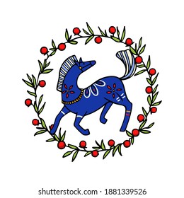 Vector Holidays card with hand drawn blue playful Dala Horse in floral red berries wreath. Beautiful design elements, ink drawing. Wonderful Advent, Christmas or New Year card.
