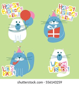 Vector holidays cats with Birthday greeting lettering. 