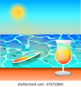 Vector holidays design. Sea view from the beach. Surfboard in the turquoise waters. Drinks on the table