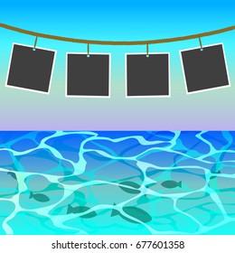Vector holidays design. Sea view from the beach. Memories about holiday. Photos on sky background
