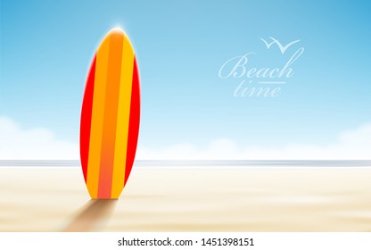 Vector holidays design. Surfboards on a beach against a sunny seascape