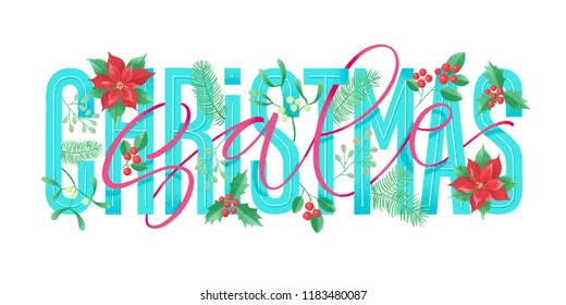 Vector holidays lettering. Christmas sale calligraphy for shopping store discount. Hand drawn inscription banner or poster, design elements