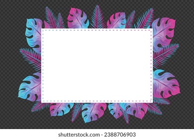 Vector Holidays Rectangle Frame with Glowing Neon Light Tropical Palm Leaves Frame Neon Magenta and Blue Frame Leaves Frame Template Trendy Super Sale on a Shopping Tag Paper Banner Template