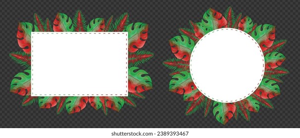 Vector Holidays Round and rectangle Frames Set with Tropical Palm, Pine and cypress Leaves Frame Neon Red and Green Frame Leaves Frames Set  Template Modern Super Sale on a Shopping Banner Template