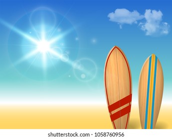Vector holidays vintage design - surfboards on a beach against a sunny seascape