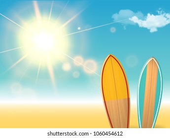 Vector holidays vintage design - surfboards on a beach against a sunny seascape