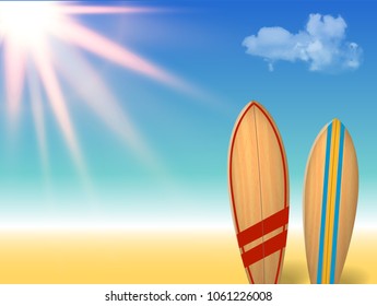 Vector holidays vintage design - surfboards on a beach against a sunny seascape