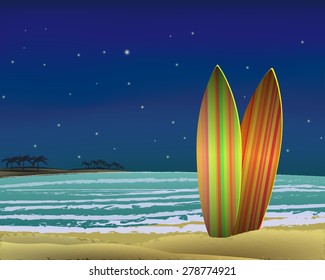 Vector holidays vintage design - surfboards on a beach against a sunny seascape. 