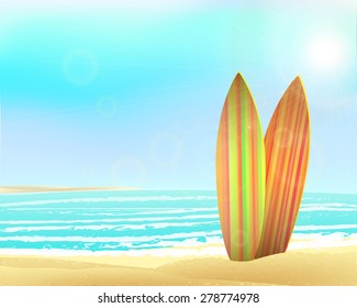 Vector holidays vintage design - surfboards on a beach against a sunny seascape. 