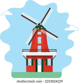 Vector Holland traditional windmill. Old tower with blades for the wind