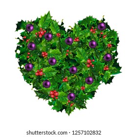 Vector holly background in the form of heart with balls.