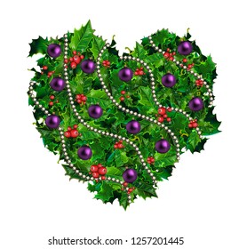 Vector holly background in the form of heart with balls.