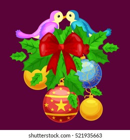 Vector holly berries wreath decoration design elements. Christmas page decorations and dividers with birds background for invitations or congratulations.