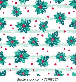 Vector holly berry grunge stripes holiday seamless pattern background. Great for winter themed packaging, giftwrap, gifts projects.
