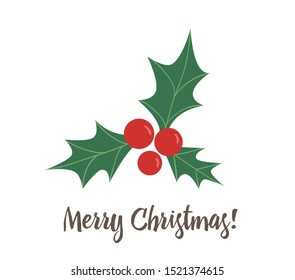 Vector holly leaves and berries isolated on white background. Cute funny illustration of new year symbol. Christmas flat style picture for decorations or design.