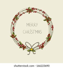 Vector holly wreath. Christmas greeting card. 