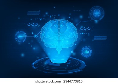 Vector holograme brain with medical healthcare. Technology graphic of MRI scan interface.