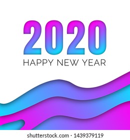 Vector holographic 3d pink and blue paper art poster. Banner with text 2020 Happy New Year on white background with wavy abstract element in bottom.