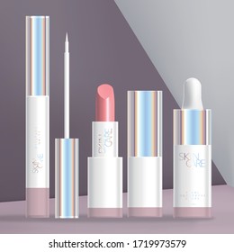 Vector Holographic Beauty or Cosmetics Packaging Set with White Eyeliner, Lipstick & Dropper Bottle