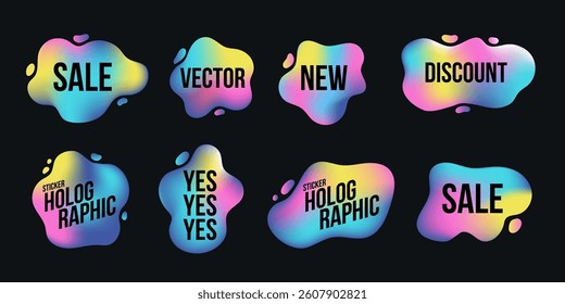 Vector holographic clouds set on black background. Hologram rainbow wavy Shapes for labels, banners or stickers. design mockups.