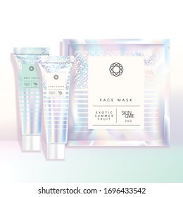 Vector Holographic Cosmetic Healthcare Tube & Face Mask Sachet Set Theme