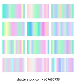 Vector holographic effect swatches gradient set. Foil texture modern style neon fashion minimal collection. Poster bright shining liquid surface template flow design. Abstract art background. Banner 