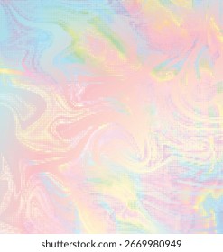 Vector holographic foil liquid iridescent marble background. Halftone subtle dotted smooth flowing marble pattern.