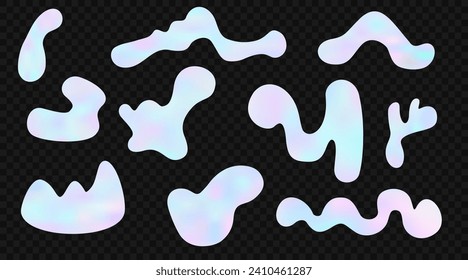 Formas libres holográficas vectoriales. Conjunto de elementos de diseño. Resumen de formas de blob plateado sobre fondo negro