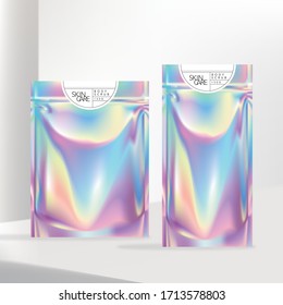 Vector Holographic or Iridescent Neon Zipper Pouch or Sachet with White Label