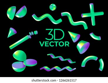 Vector holographic isolated virtual 3D shapes for web, packaging, presentation, advertising, wallpapers, covers or posters.