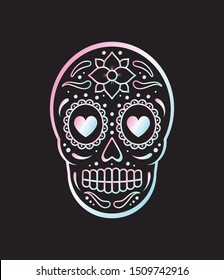 Vector holographic Mexican sugar skull and flowers isolated on black background. Day of the dead illustration