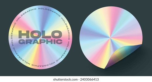 Vector holographic realistic round adhesive stickers with curved corner on transparent background.